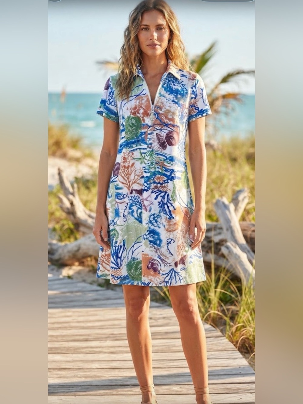 Sea Life Sparkle Print Polo Dress with Zip A line